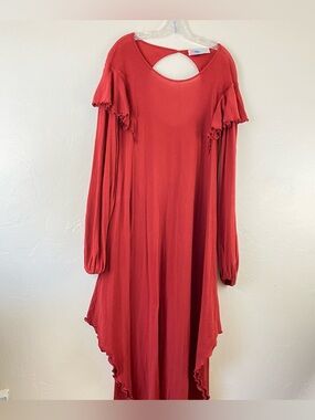 Free People Beach XS Coral Orange Cotton Ruffle Full Sleeve Cotton Midi Dress